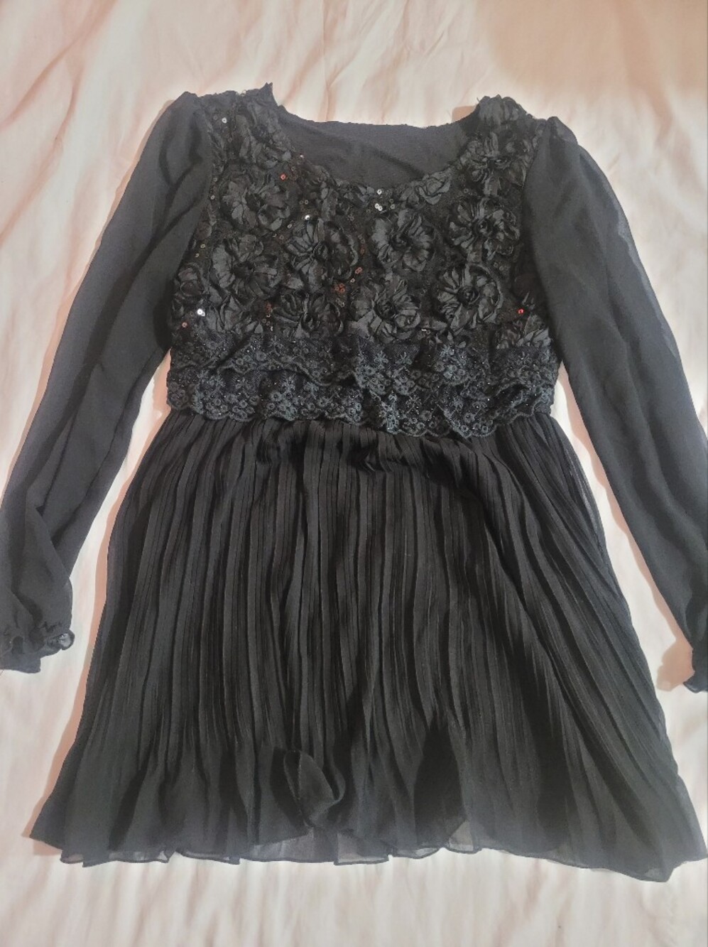 Black Floral Embellished Long Sleeve Dress